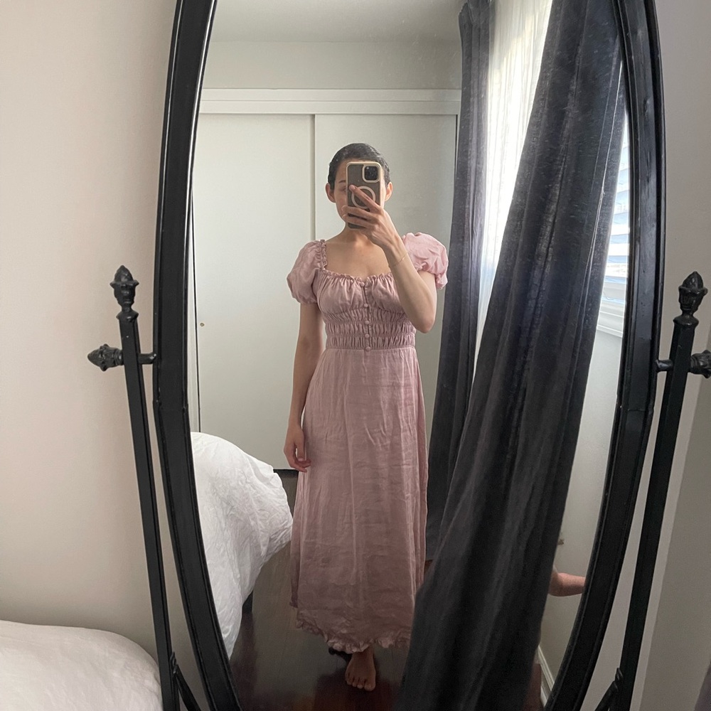 Mauve pink puff sleeve midi dress caramel monster sweetheart neckline